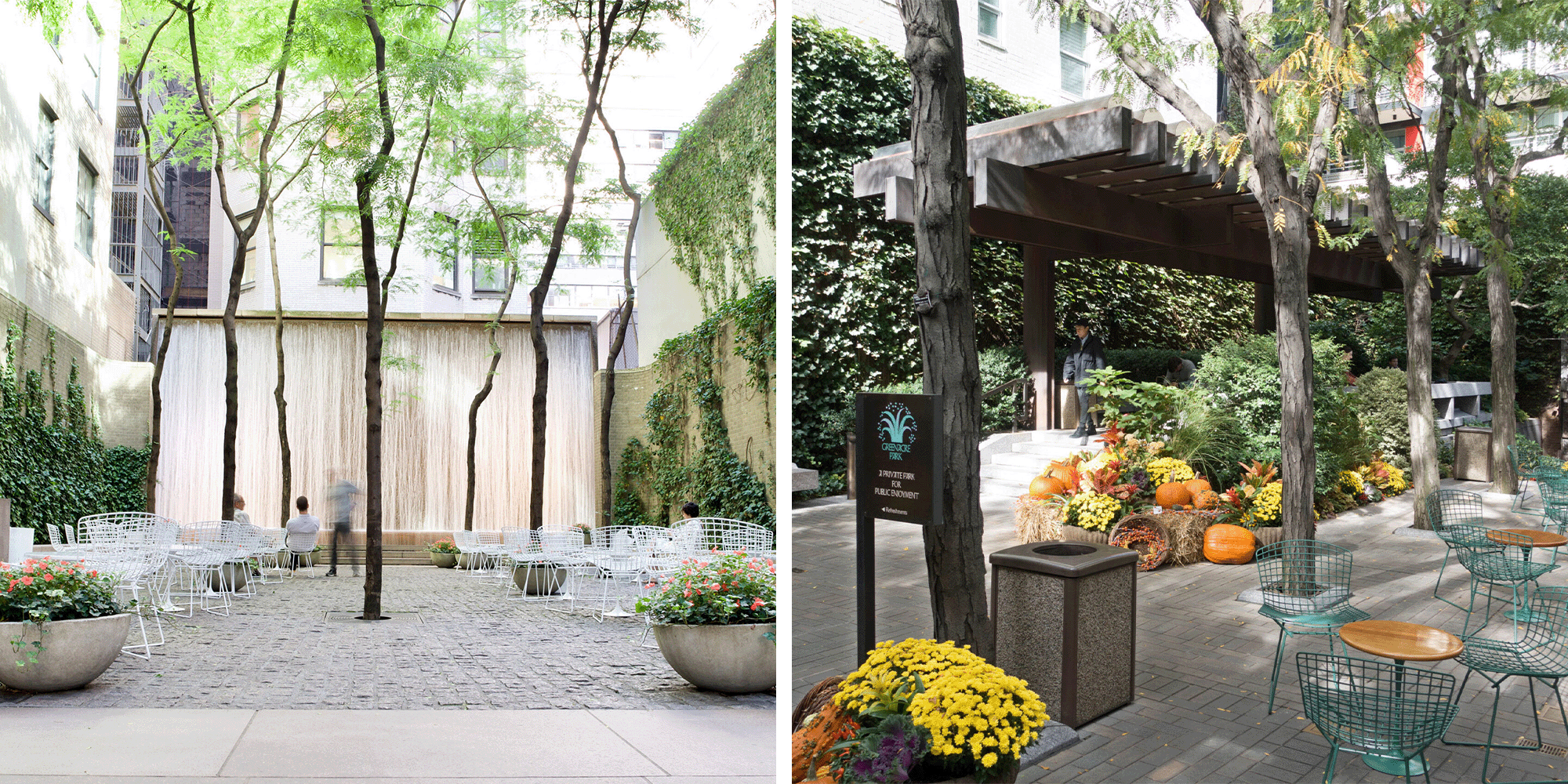 two images of pocket parks between two buildings